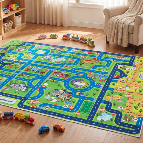 Esup kids playing with toy cars on rug encouraging motor skills and play