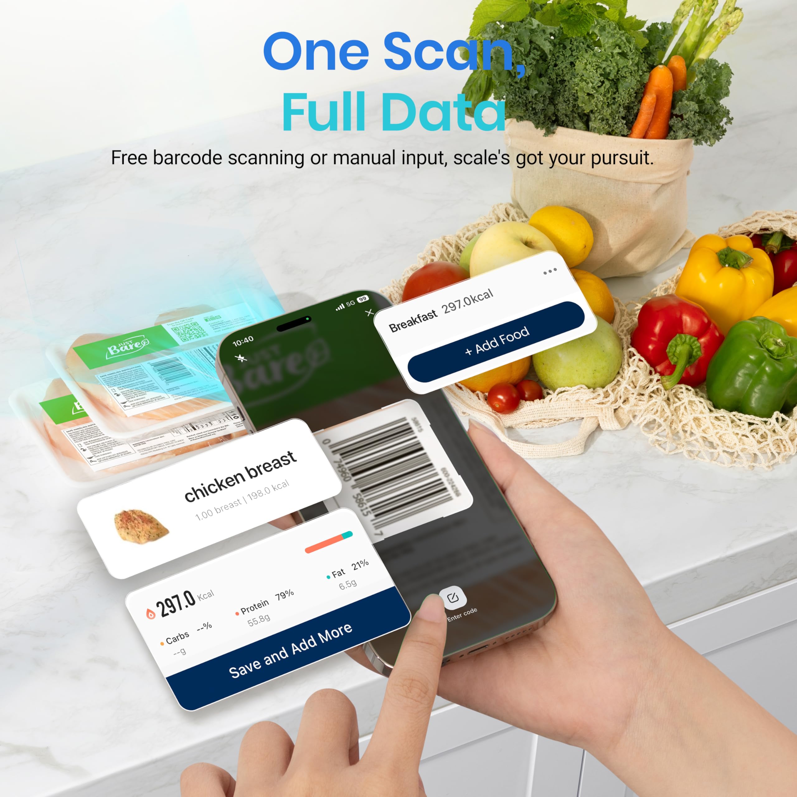 Etekcity scale LCD showing weight and nutrient icons for quick meal information