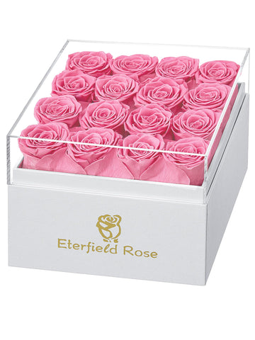 Eterfield rose box front view showing 16 pink roses and elegant white gift box benefit long-lasting beauty