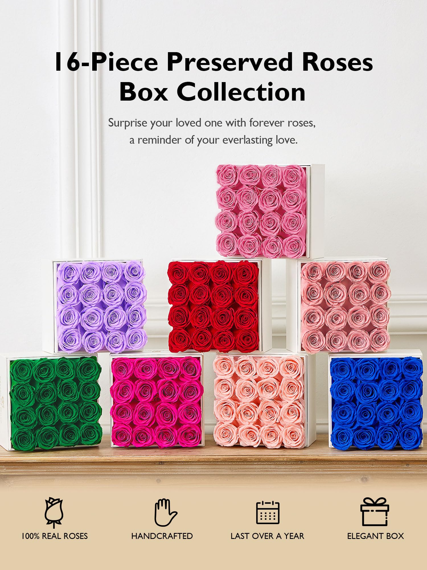 Eterfield open box revealing 16 arranged roses showing full arrangement and gift-ready benefit
