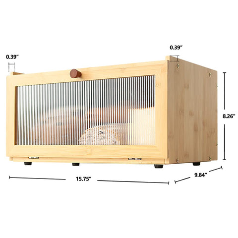ETMI bamboo bread box beside common items showing scale and space-saving advantage