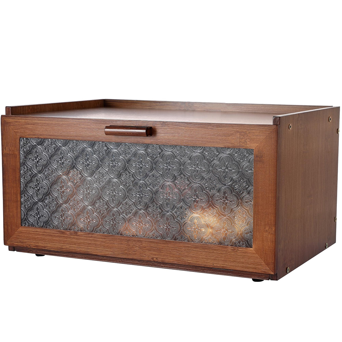 ETMI bread box front closed shows retro bamboo look and hides contents