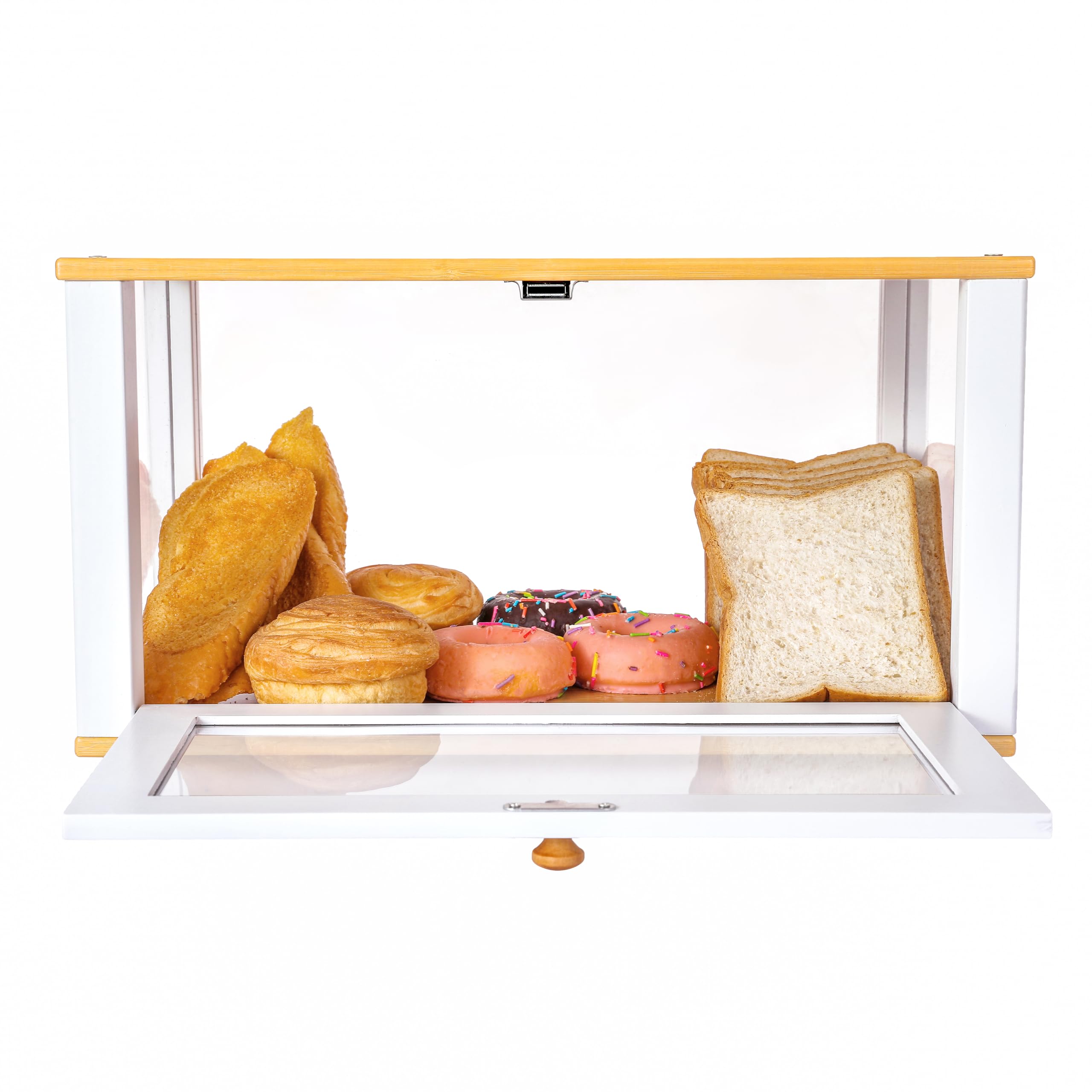 ETMI bread box open door with pastries visible for easy serving and display