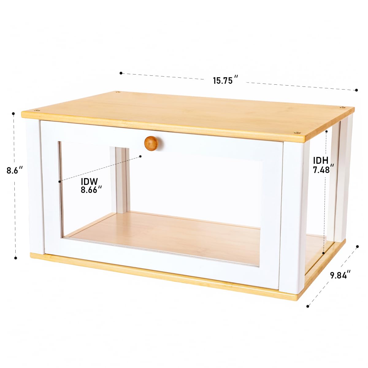 ETMI bread box beside a loaf and fruit illustrating countertop size and scale