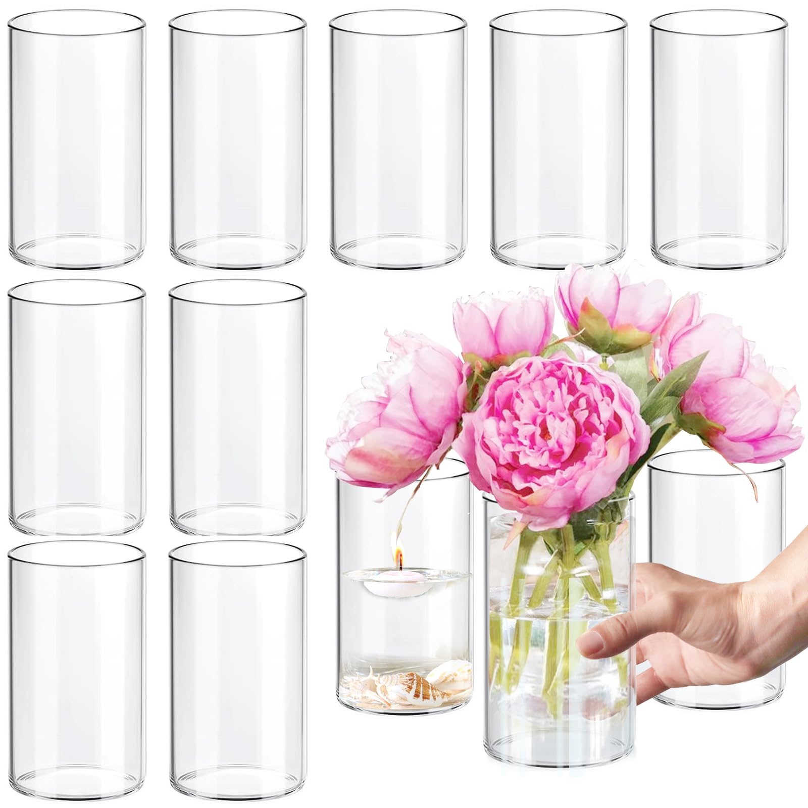 Etolies front view of 12-piece clear glass vases showing uniform set and modern look