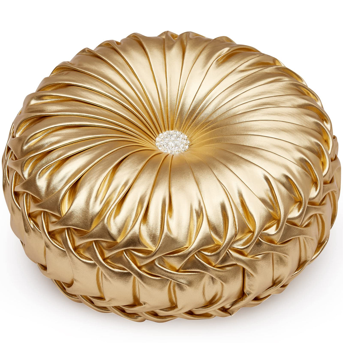 EUCIOR gold throw pillow front view showing round pleated design and sheen