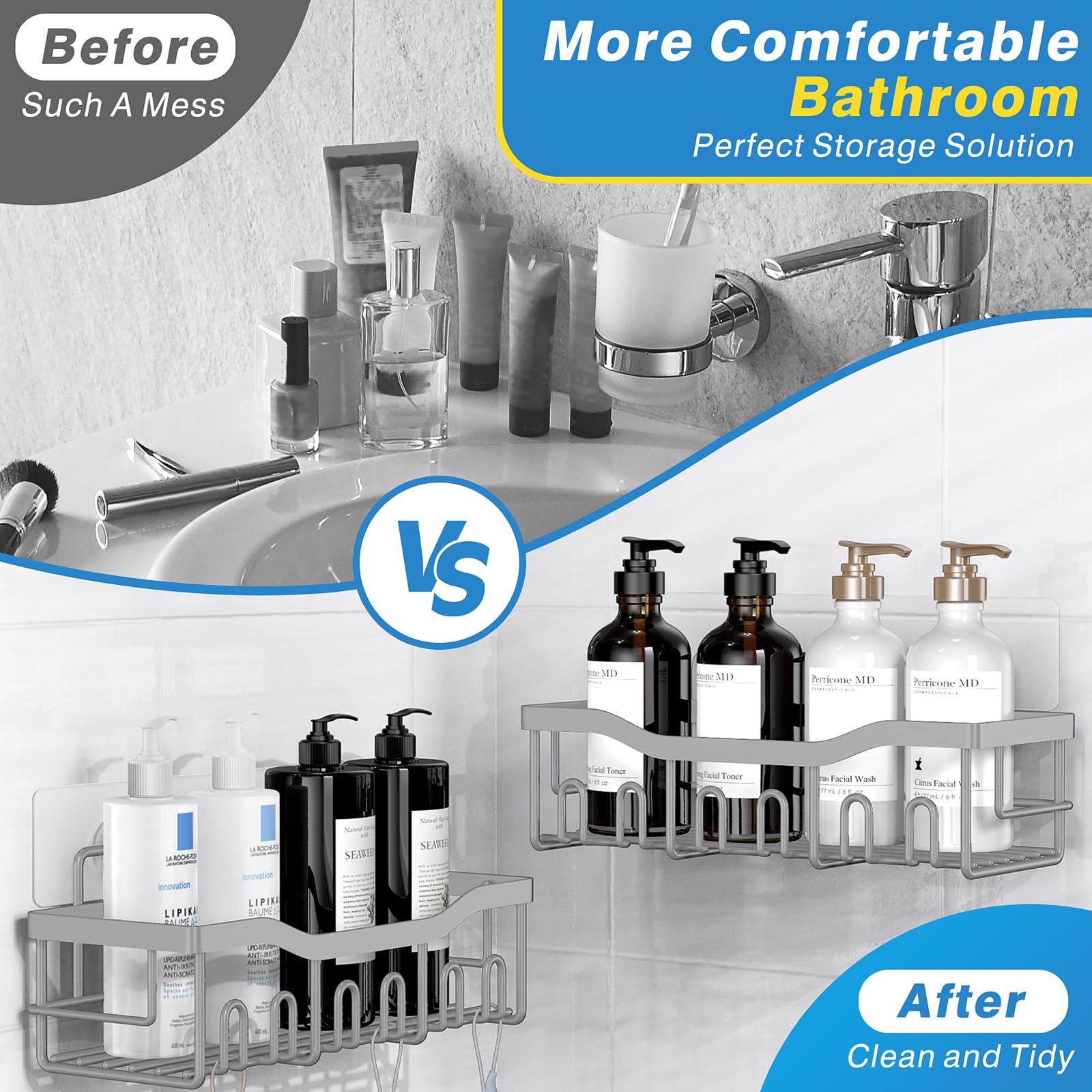EUDELE shower shelf loaded with bottles demonstrating heavy-load convenience