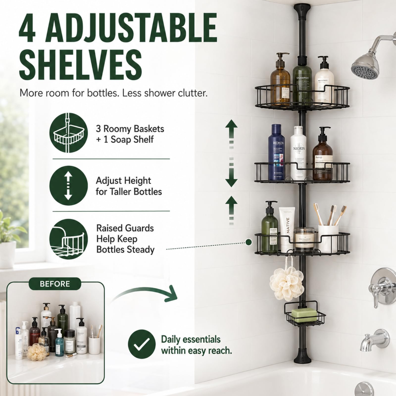 EUIJOIP installed in shower holding shampoo and conditioner for easy access