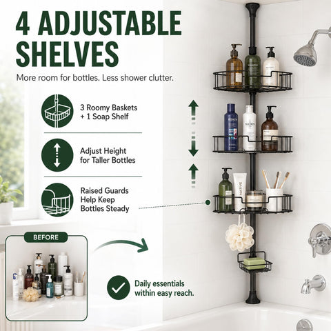 EUIJOIP installed in shower holding shampoo and conditioner for easy access