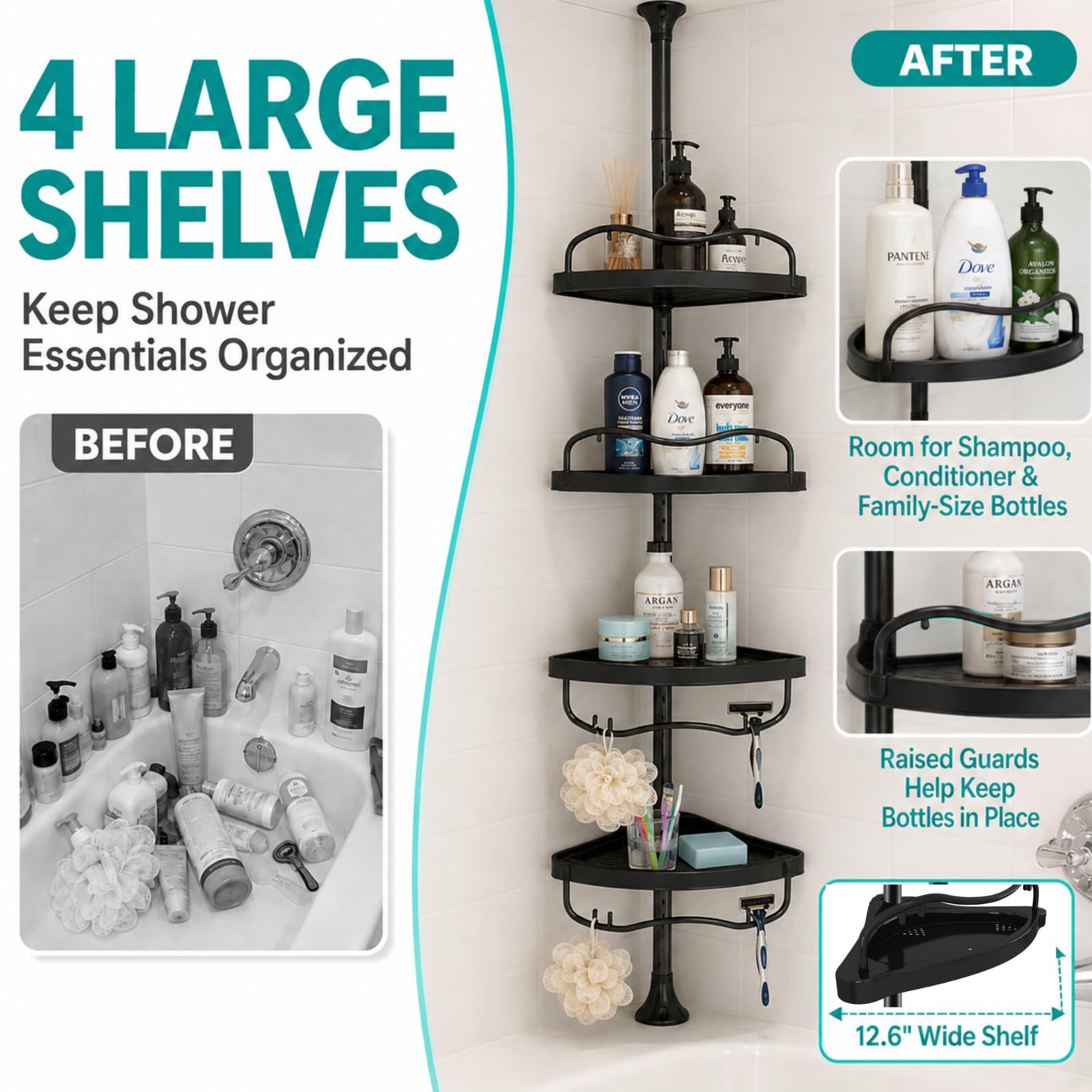 EUIJOIP shelf loaded with large shampoo bottles for organized storage