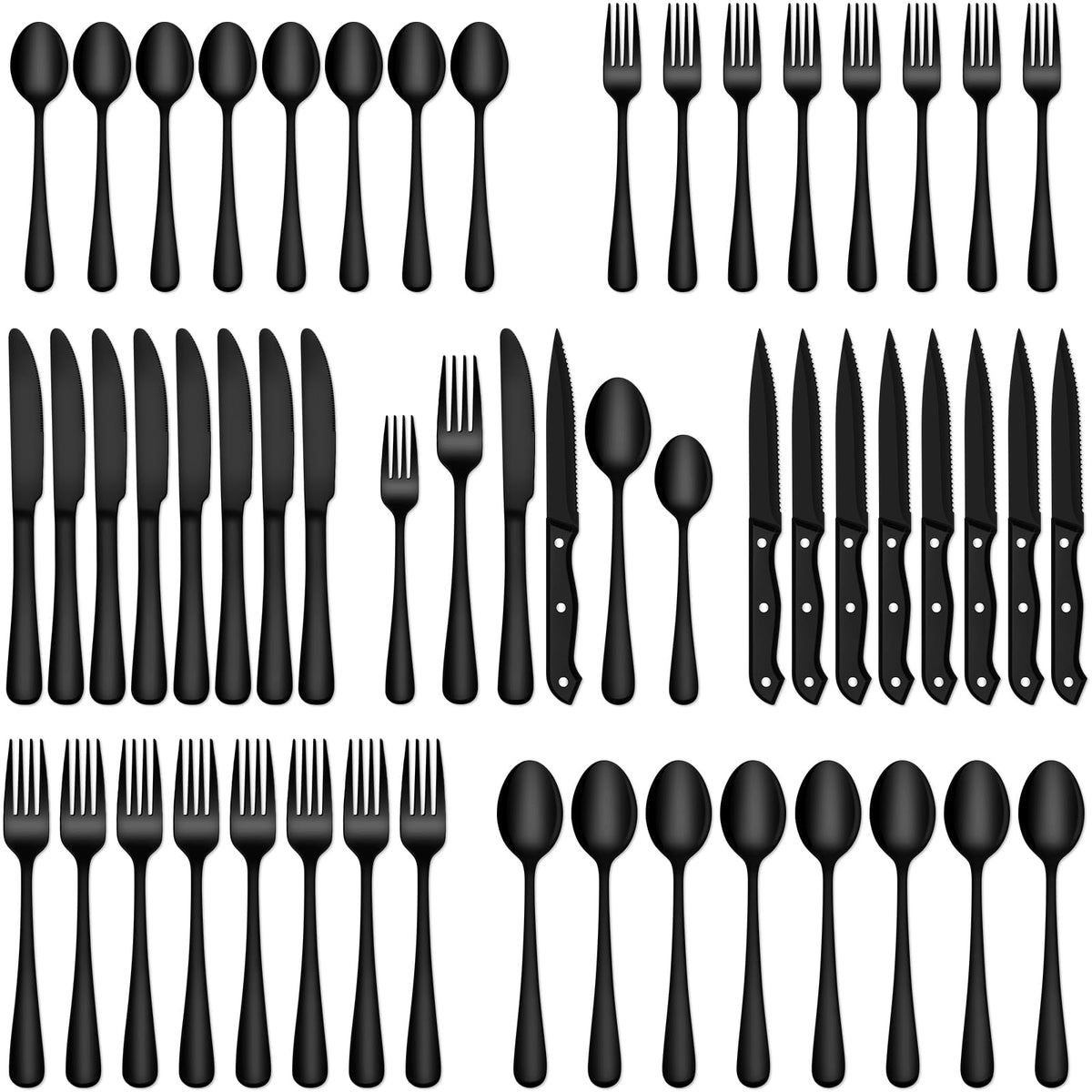 EUIRIO front view of boxed 48-piece black flatware set showing complete service
