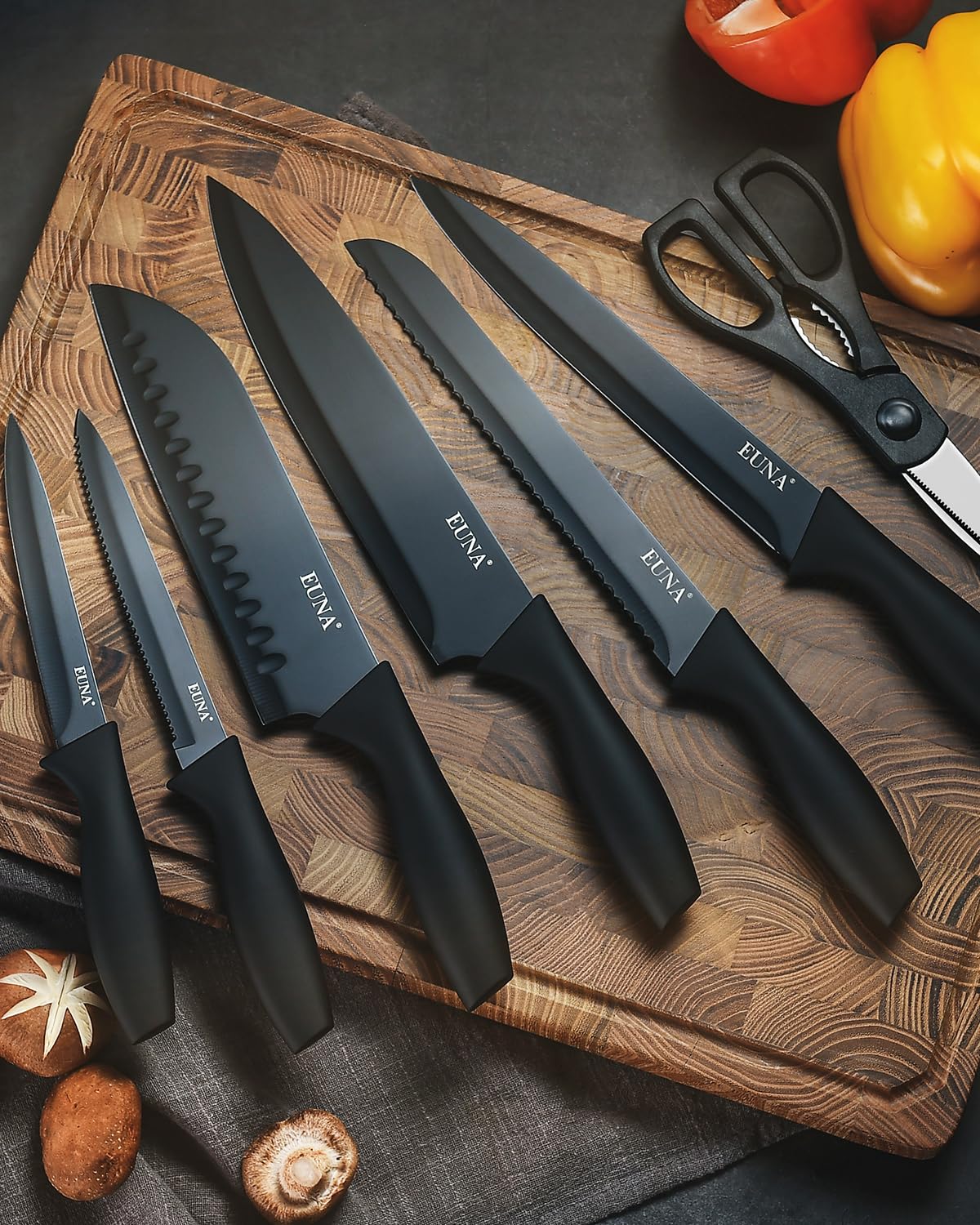 EUNA chef knife edge close-up showing sharpness for effortless slicing