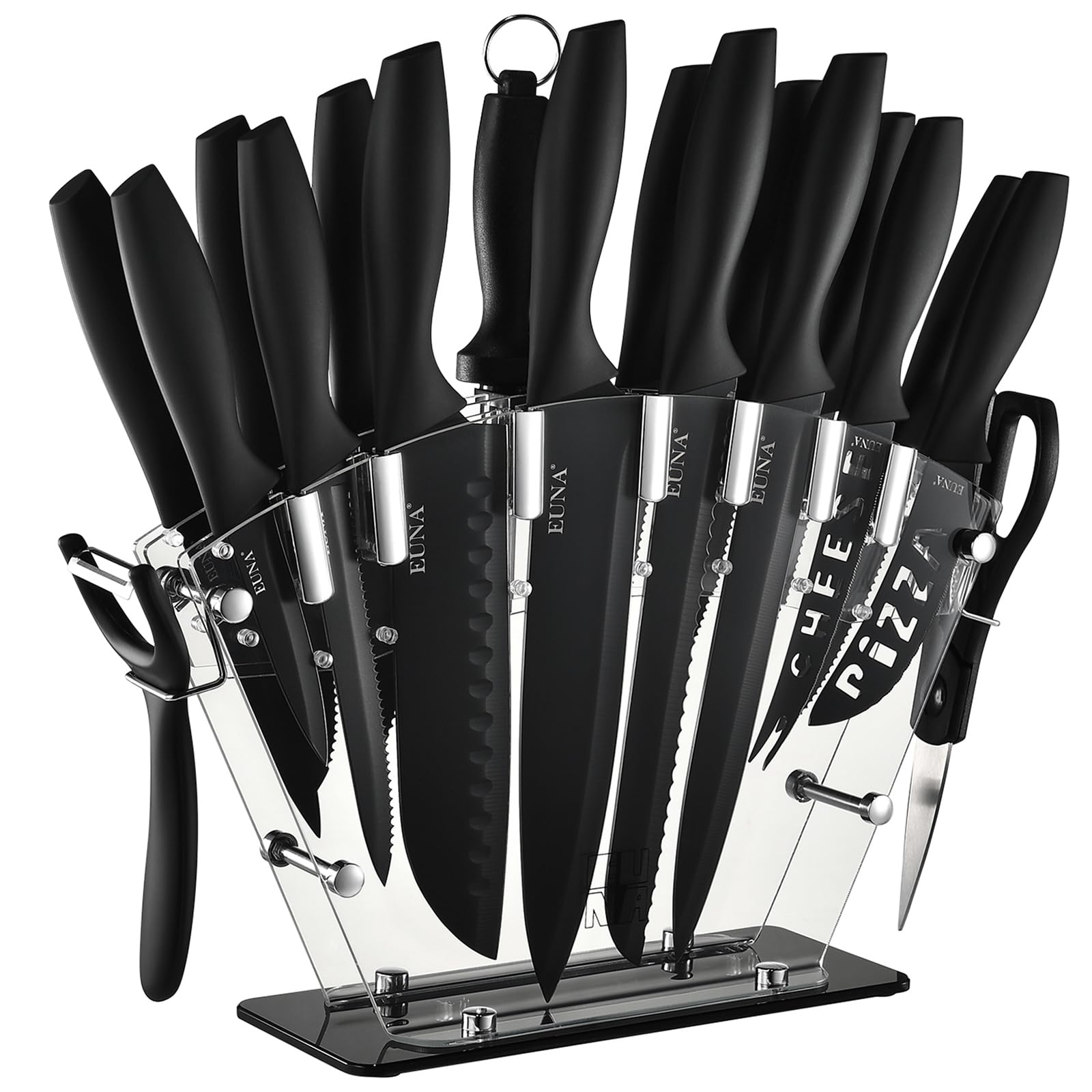 EUNA front view of acrylic block and all knives for neat storage