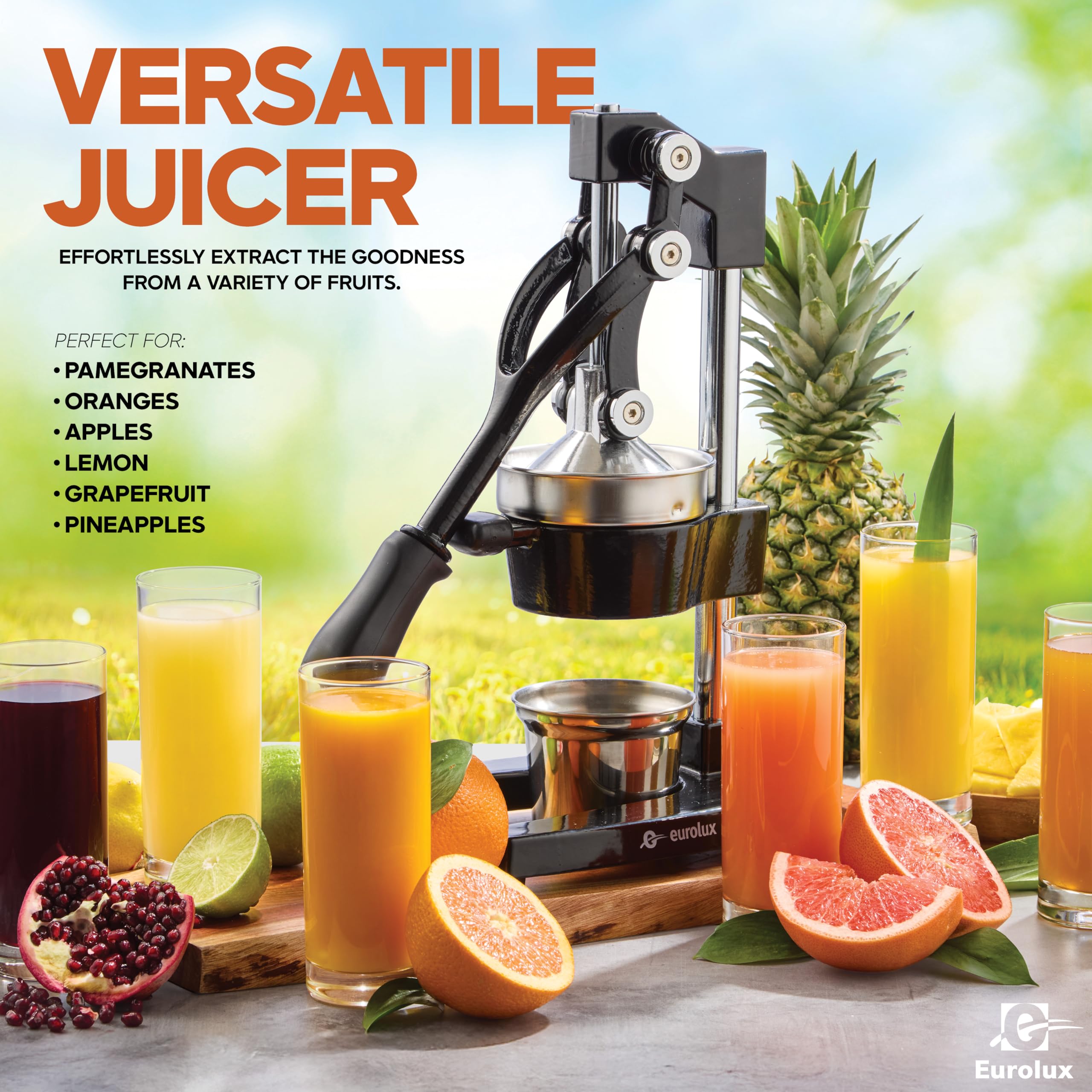 Eurolux juicer in use pressing orange showing fast, efficient extraction