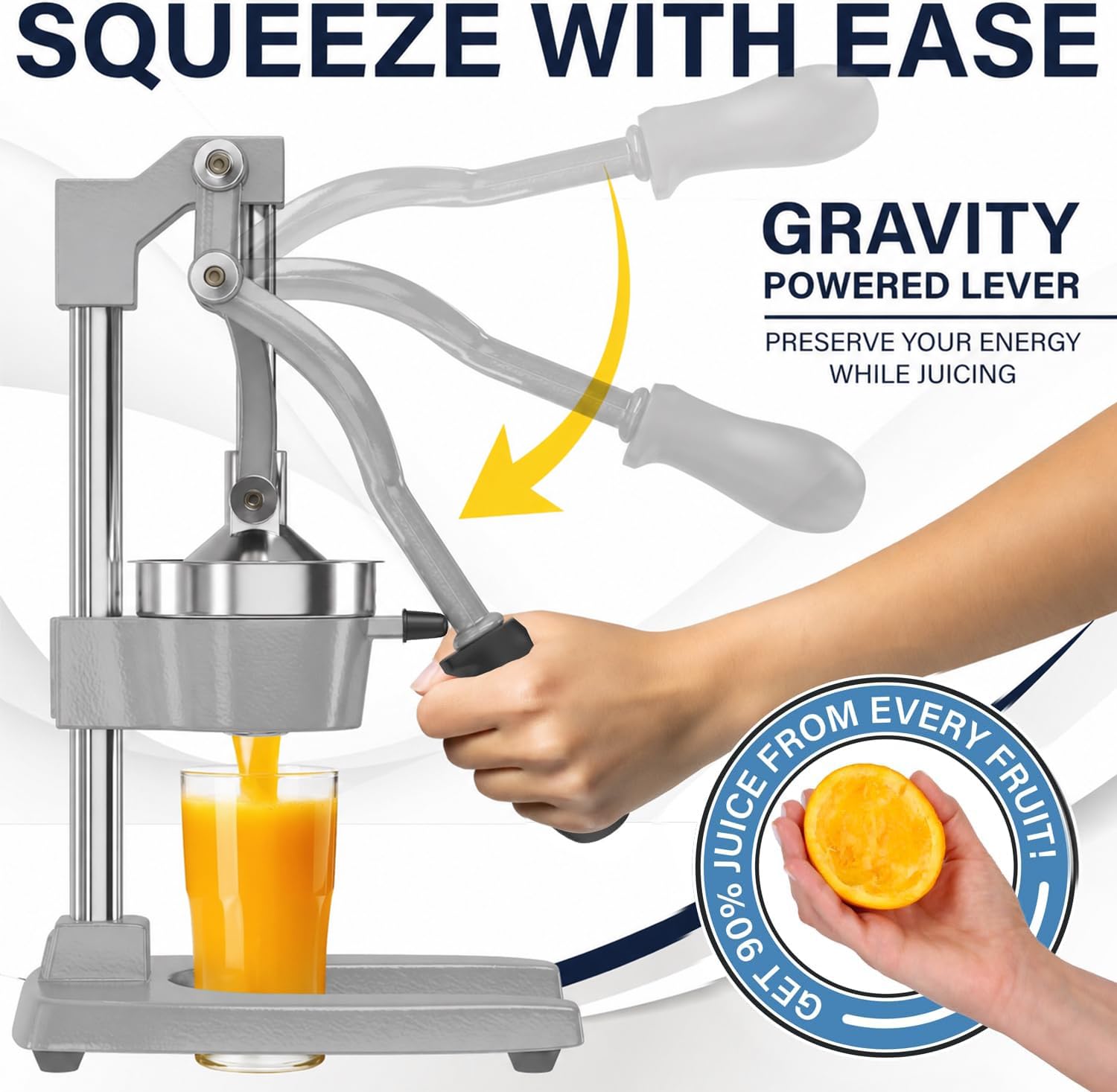 Eurolux pressing a large orange half showing efficient juice extraction