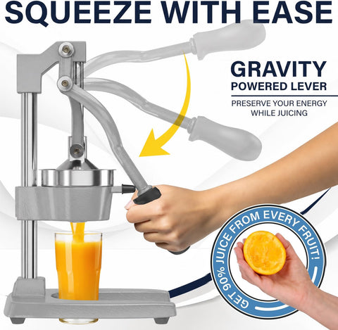 Eurolux pressing a large orange half showing efficient juice extraction