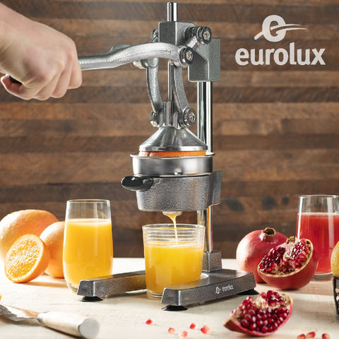 Eurolux stainless steel cup close-up catching fresh juice for easy pouring