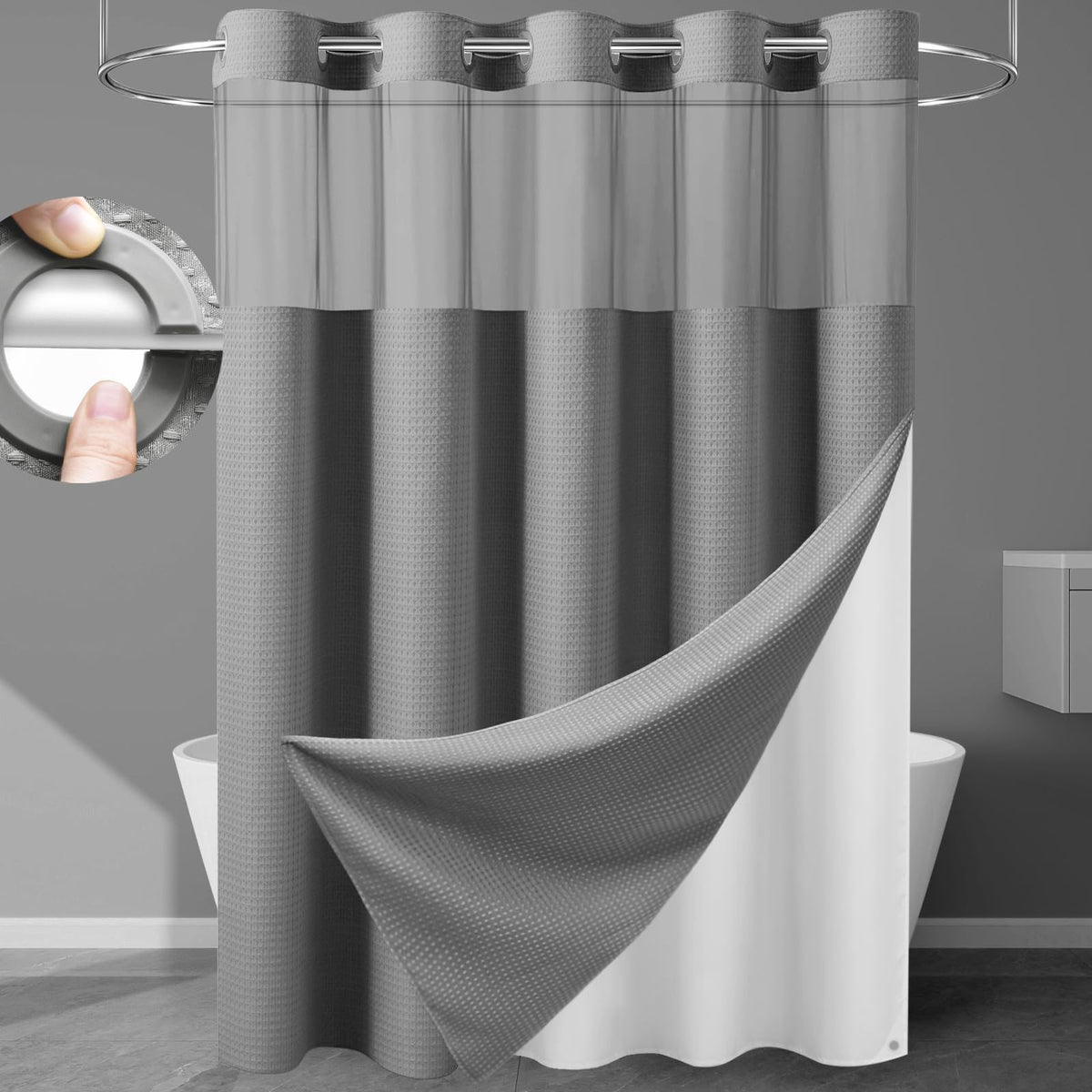 EUTXL front view grey waffle curtain showing clean modern look and elegance