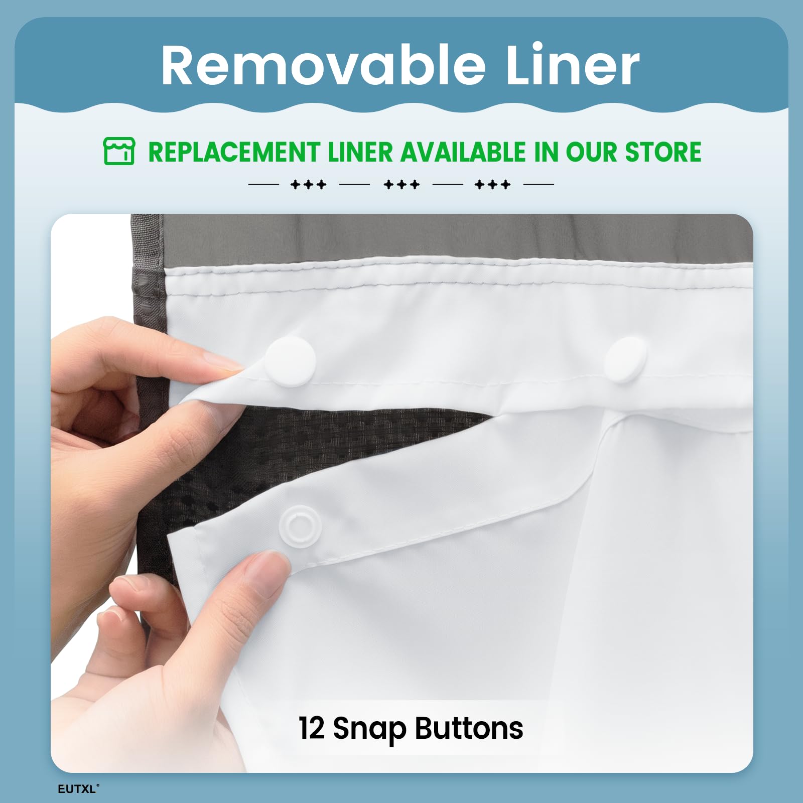 EUTXL packaging with curtain and liner showing included contents and ready-to-use benefit