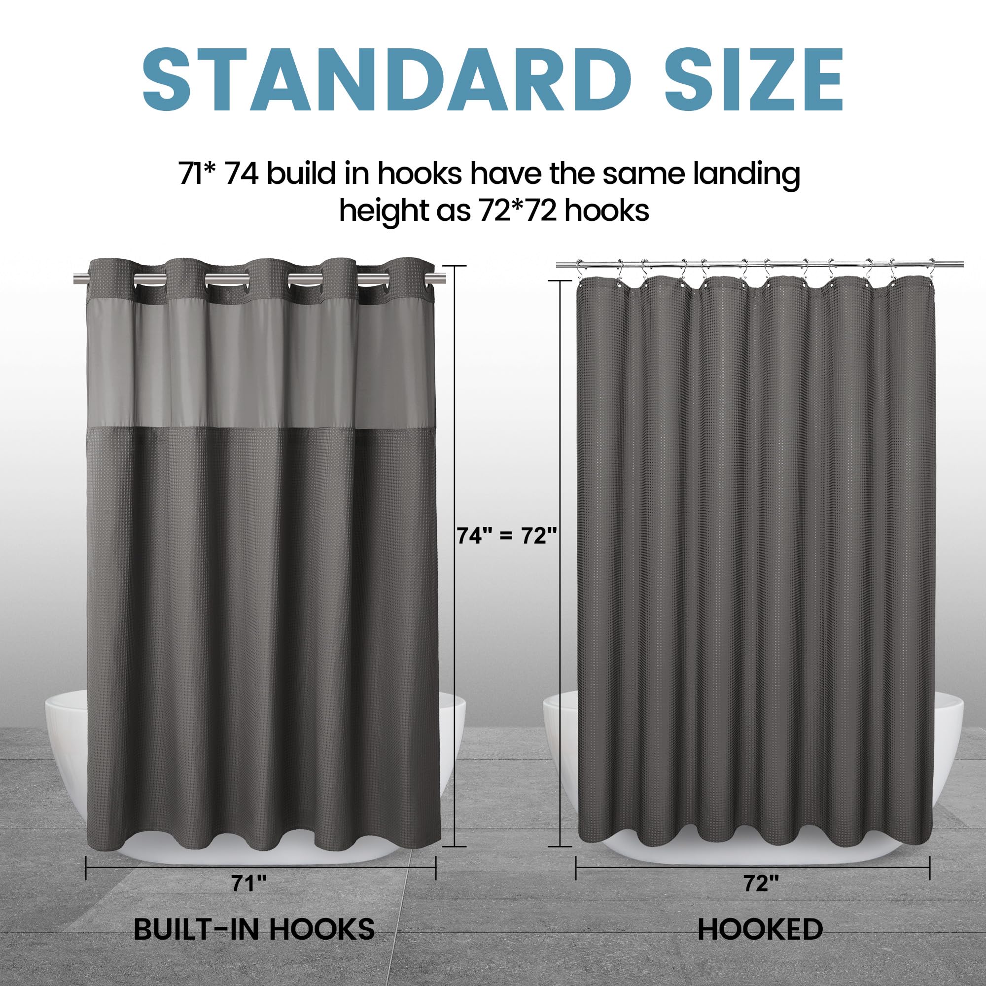 EUTXL curtain beside ruler showing 71x74 size fit for standard showers