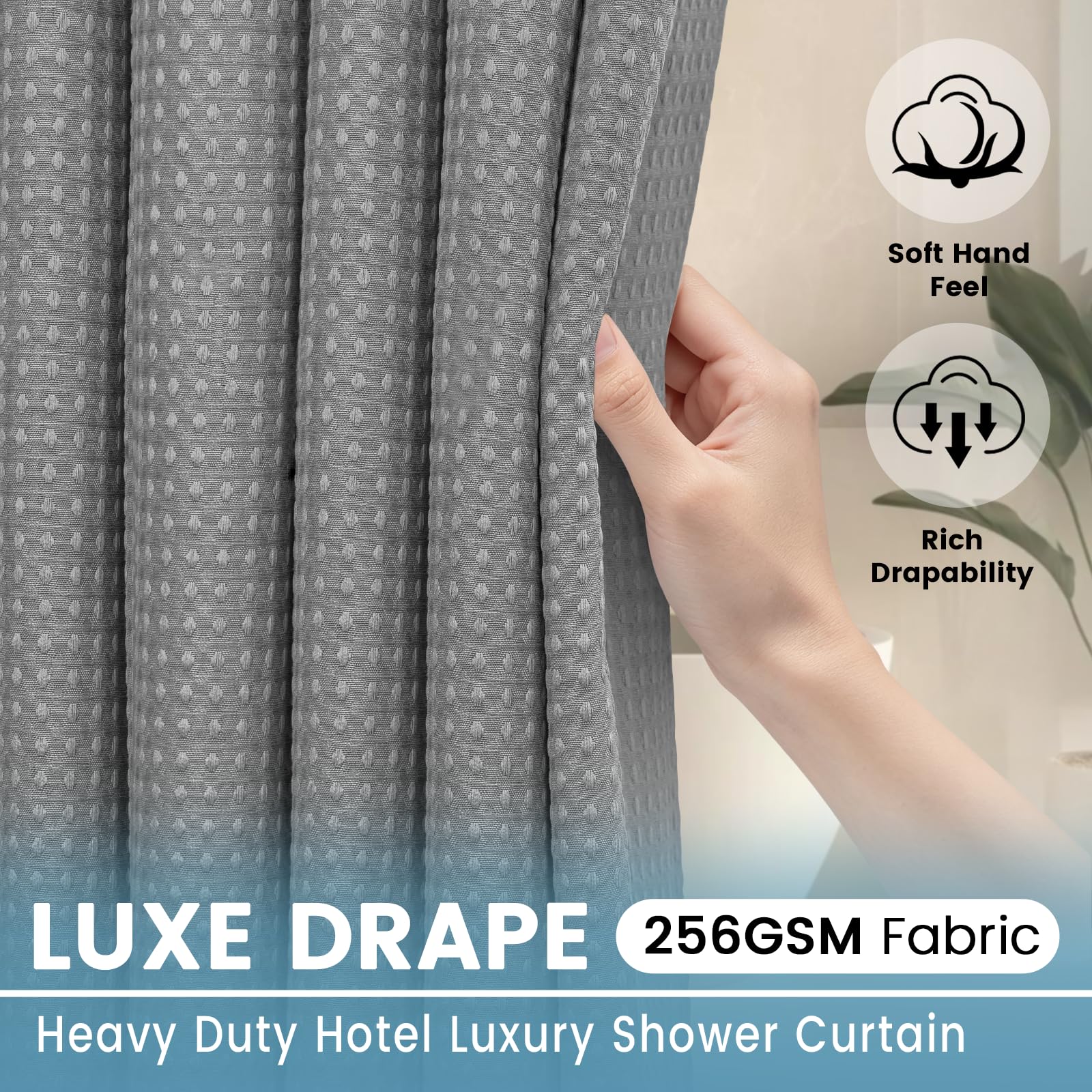 EUTXL curtain beside tub showing 71x74 inch size and full coverage