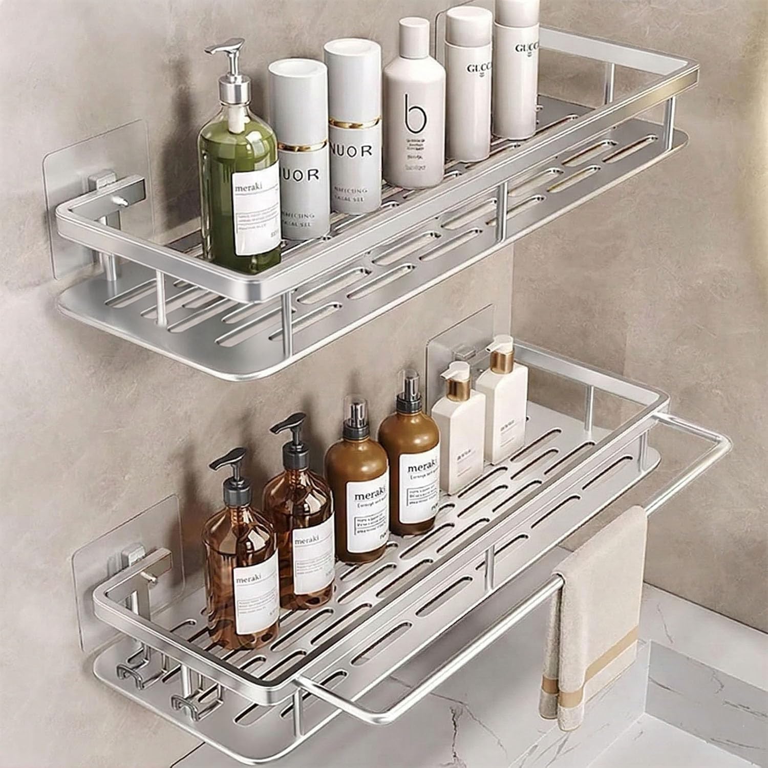EVALAND front view of mounted shower caddy showing tidy storage benefit