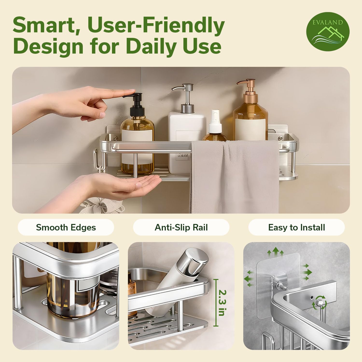 EVALAND mounted shelf holding bottles and soap for organized access