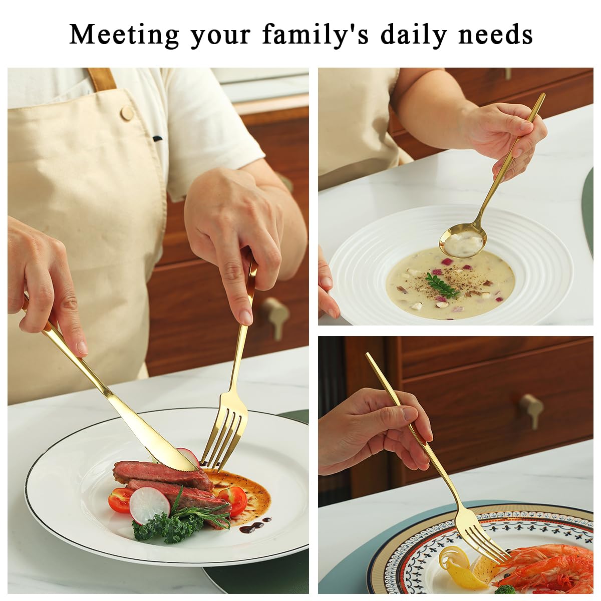 Evanda flatware held in hand to show scale and balanced weight