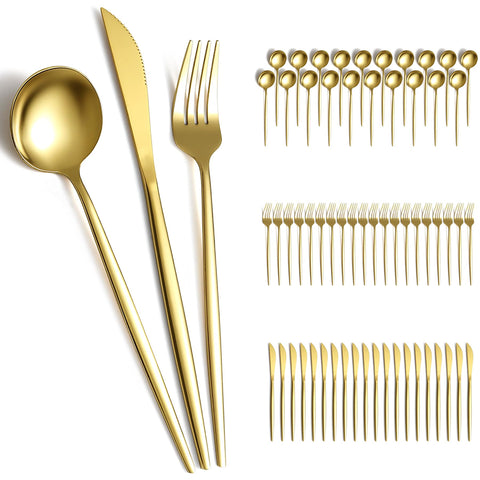 Evanda gold flatware front view showing full 60-piece set elegance