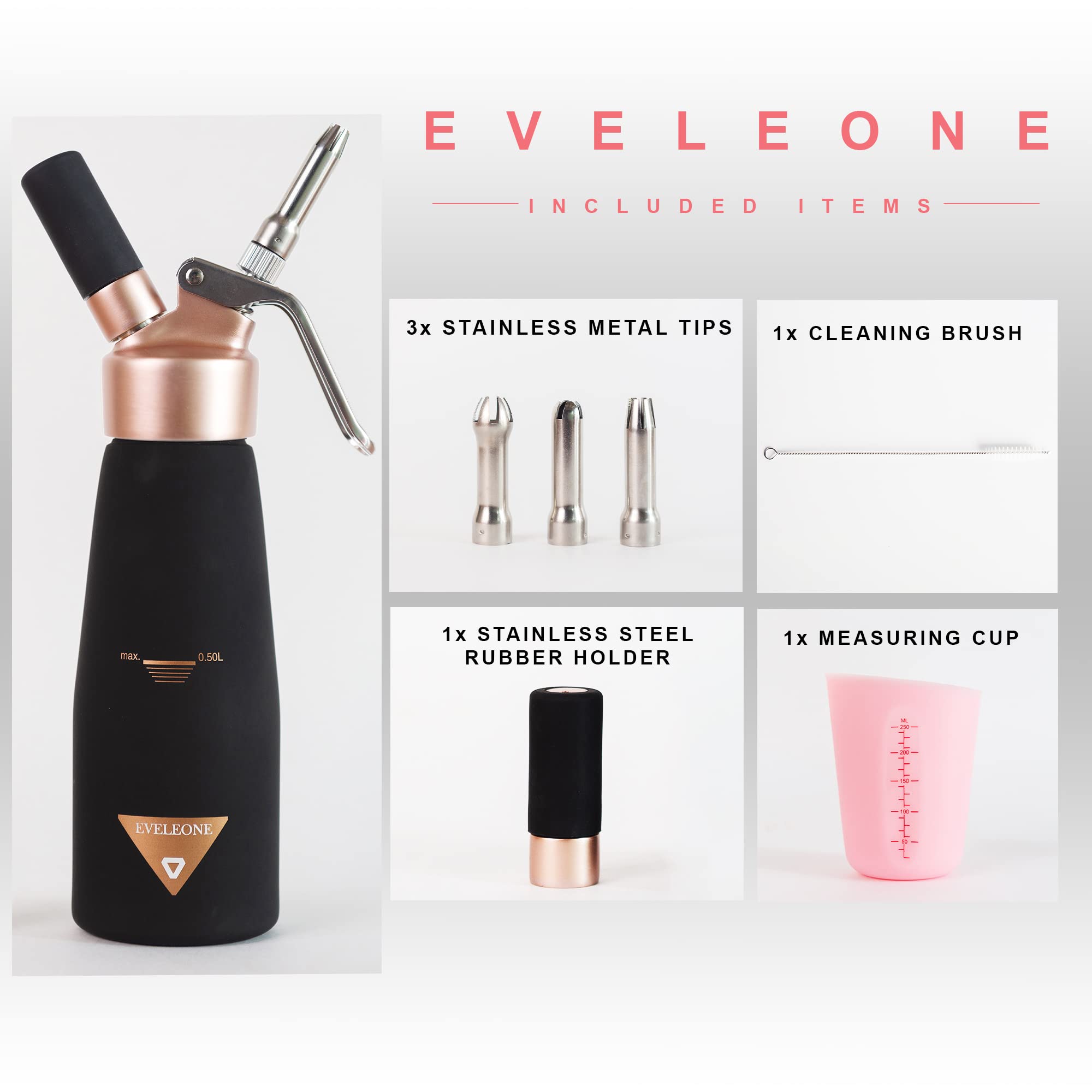 Eveleone detachable head and silicone gasket displayed to show airtight, leak-proof benefit