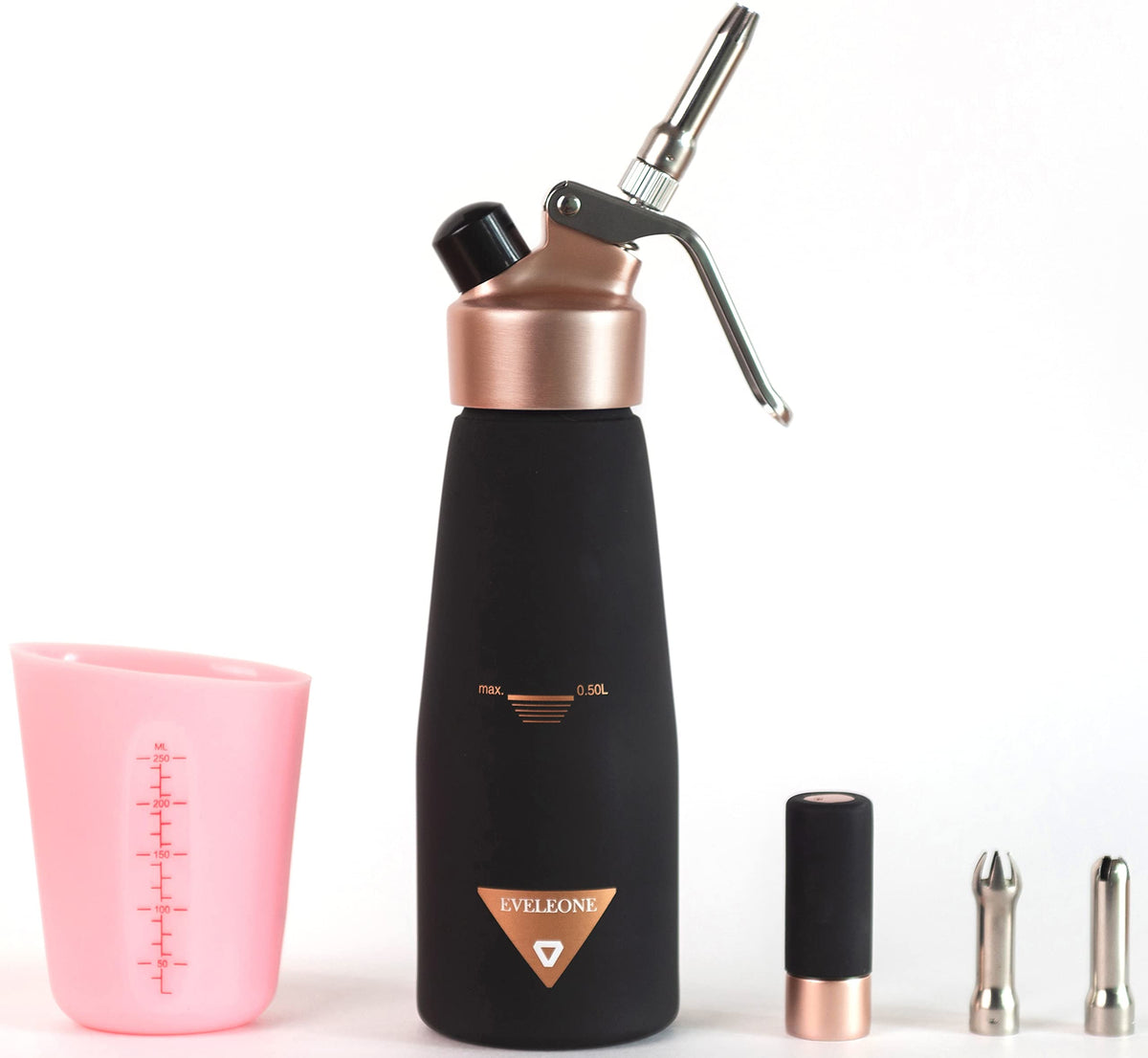 Eveleone front view dispenser showing sturdy stainless steel canister and holder for durability