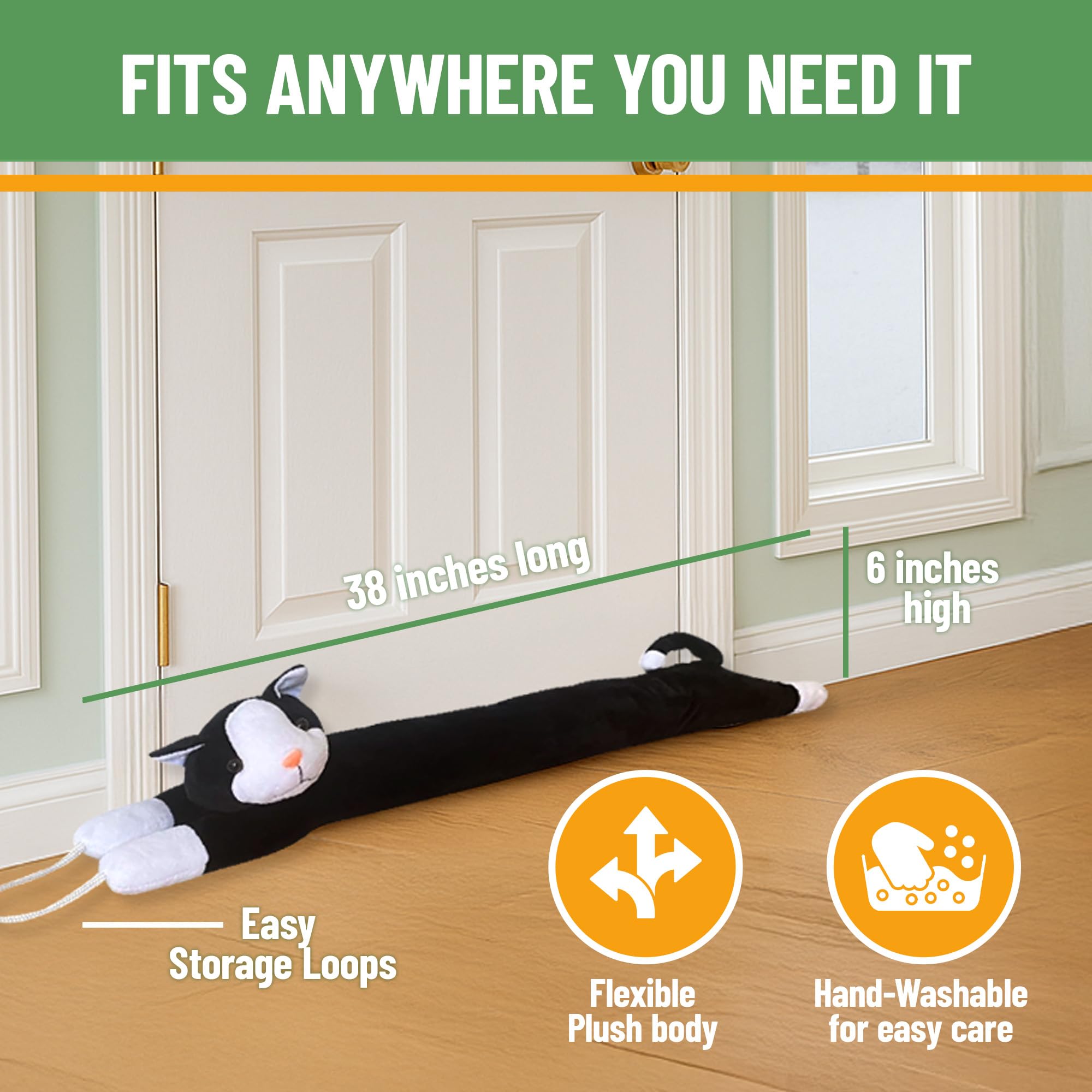 Evelots stopper installed under door reducing drafts and energy loss