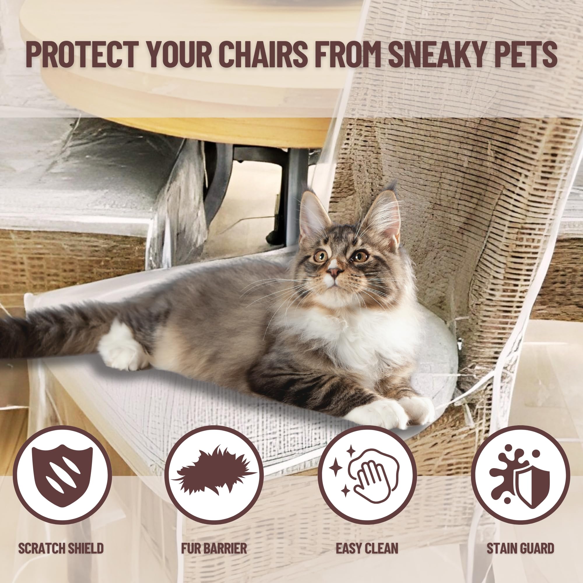 Evelots cover on dining chair in room showing invisible protection while preserving decor