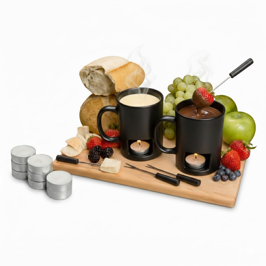 Evelots front view showing two mugs, forks and included tealights for convenient warm dips