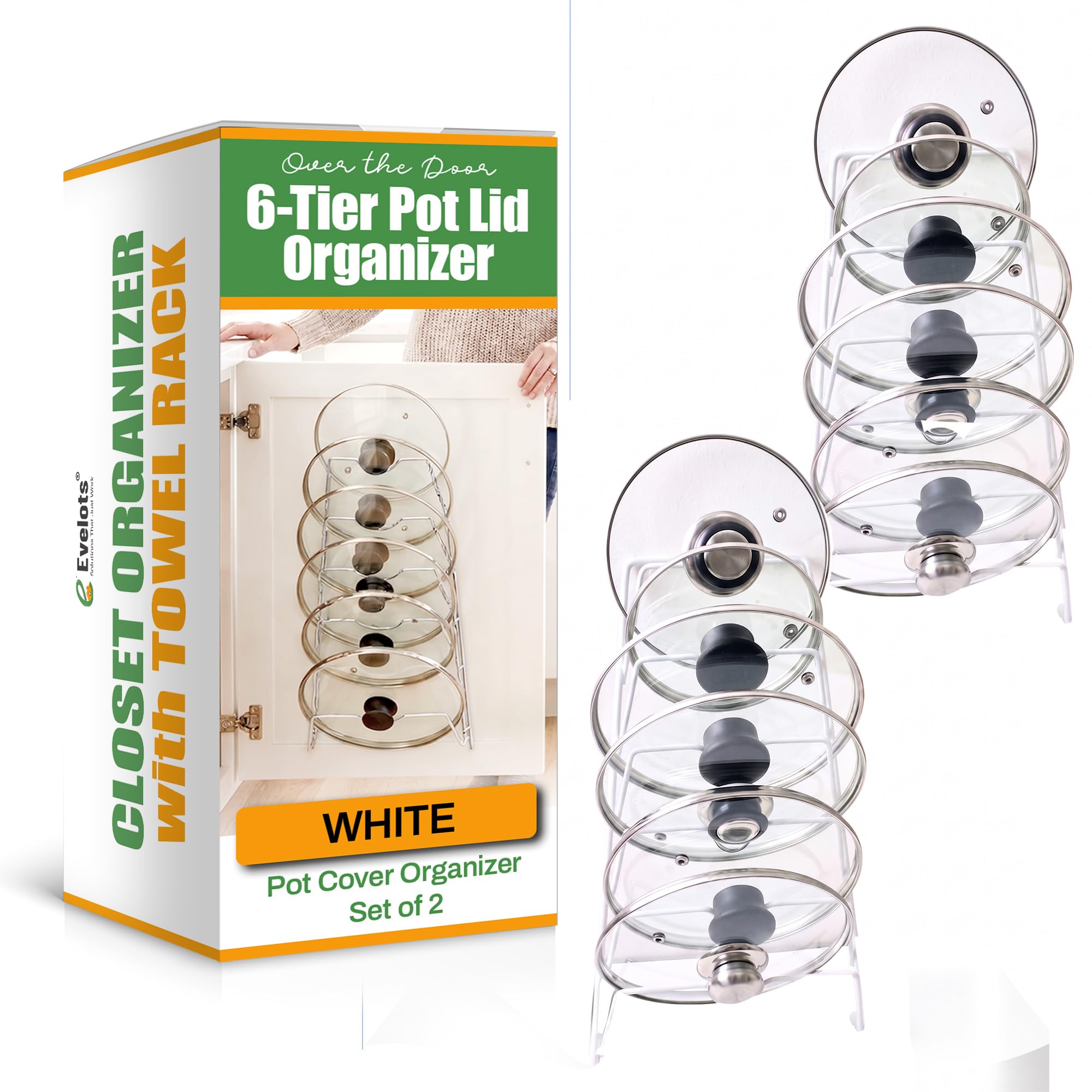 Evelots front view of two lid organizers showing compact storage benefit