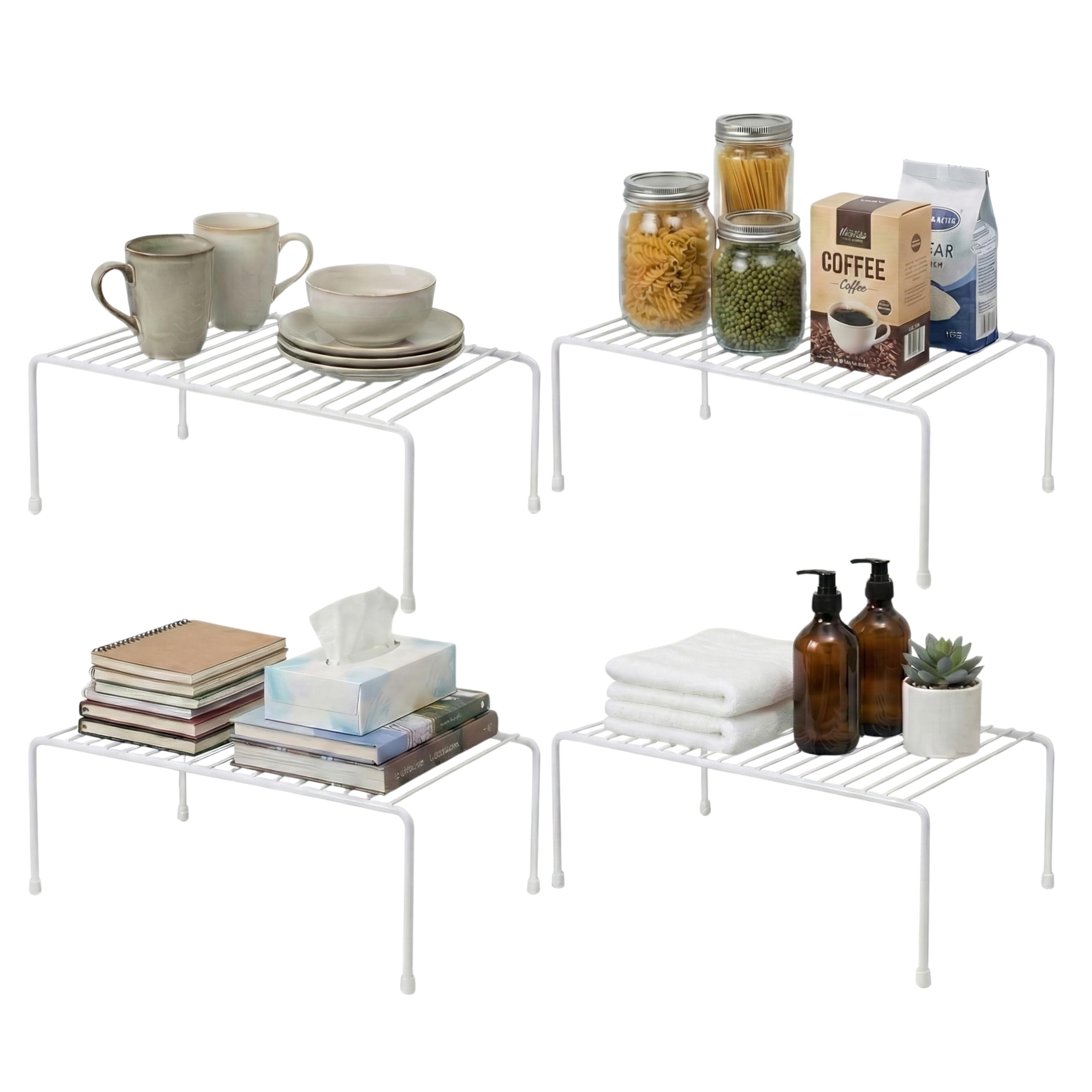 Evelots front pack displaying four white shelf risers for instant storage
