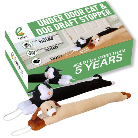 Evelots front view of two-pack cat and dog draft stoppers showing decorative design and fit
