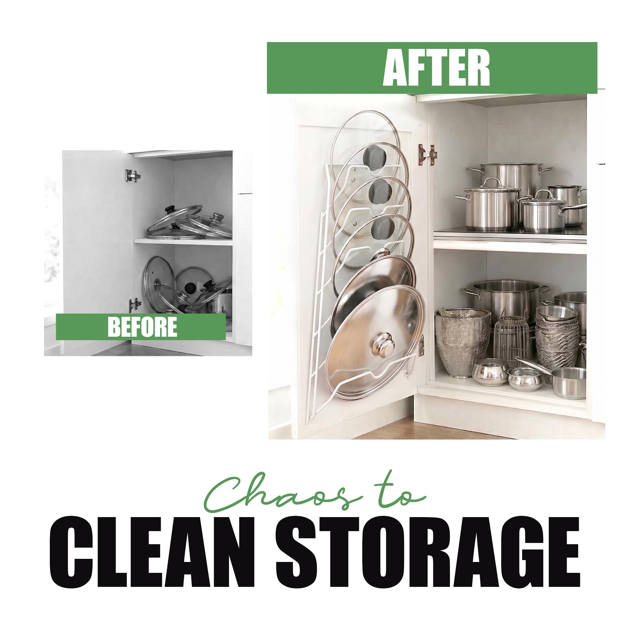 Evelots installed inside cabinet door saving shelf space and time