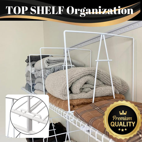 Evelots dividers clipped to wire shelf providing stability and easy reconfiguration