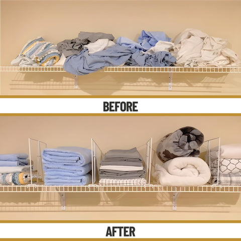 Evelots dividers organizing multiple shelves in a neat home scene