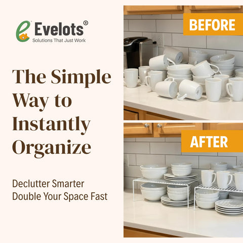 Evelots riser holding spice jars and cans maximizing pantry organization