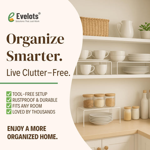 Evelots used in bathroom cabinet organizing toiletries and small bottles