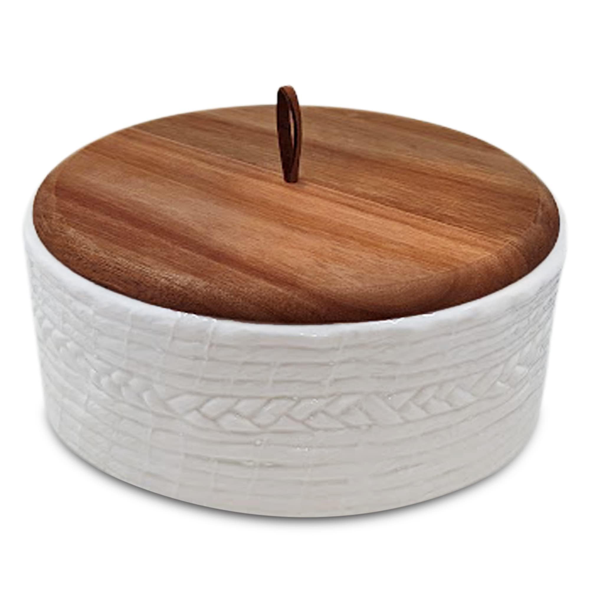 Everbrook front view showing ceramic base and wooden lid, elegant serving benefit