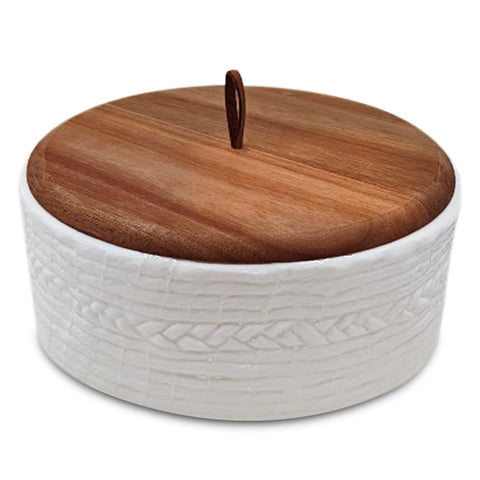 Everbrook front view showing ceramic base and wooden lid, elegant serving benefit