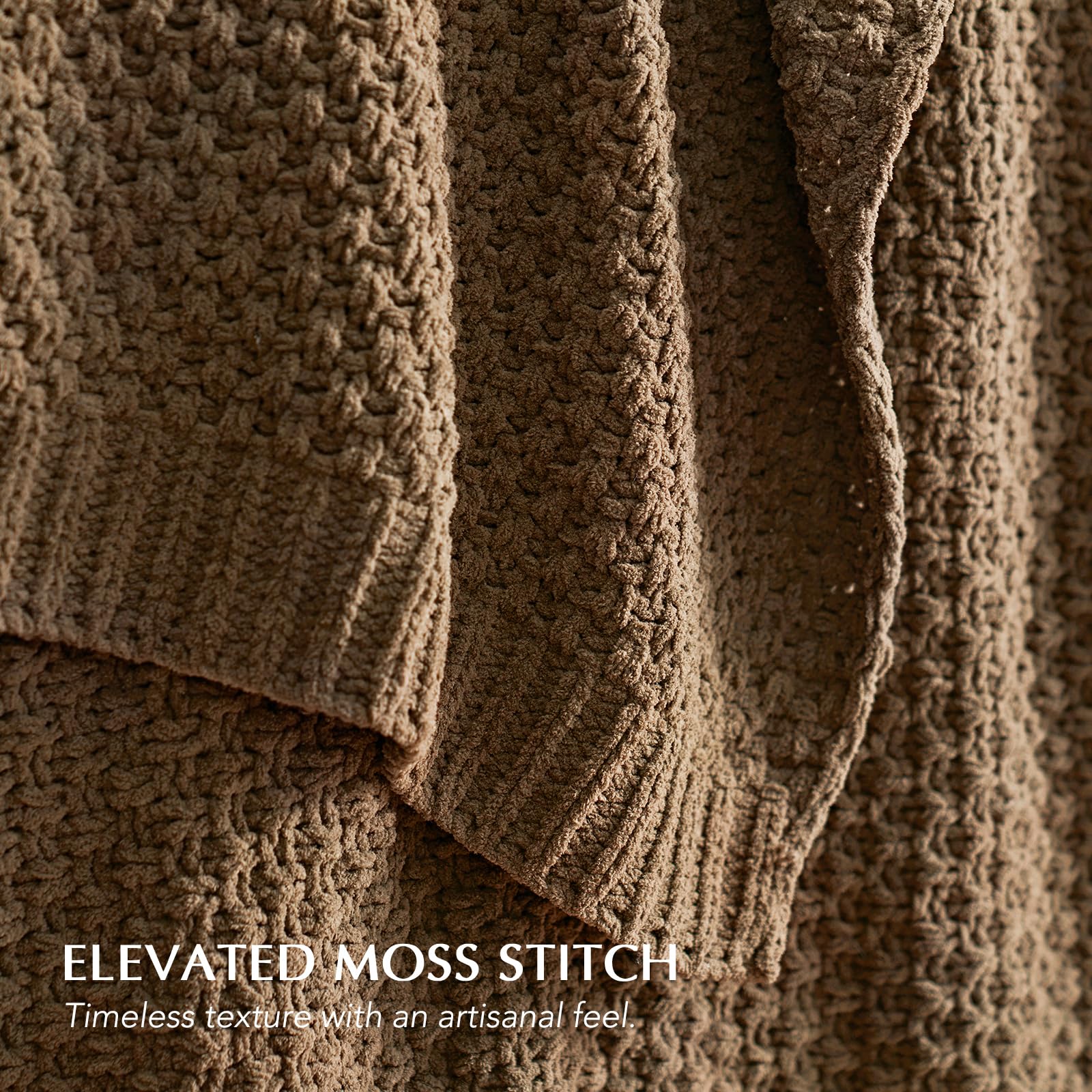 EverGrace camel throw draped over sofa adds warmth and visual depth