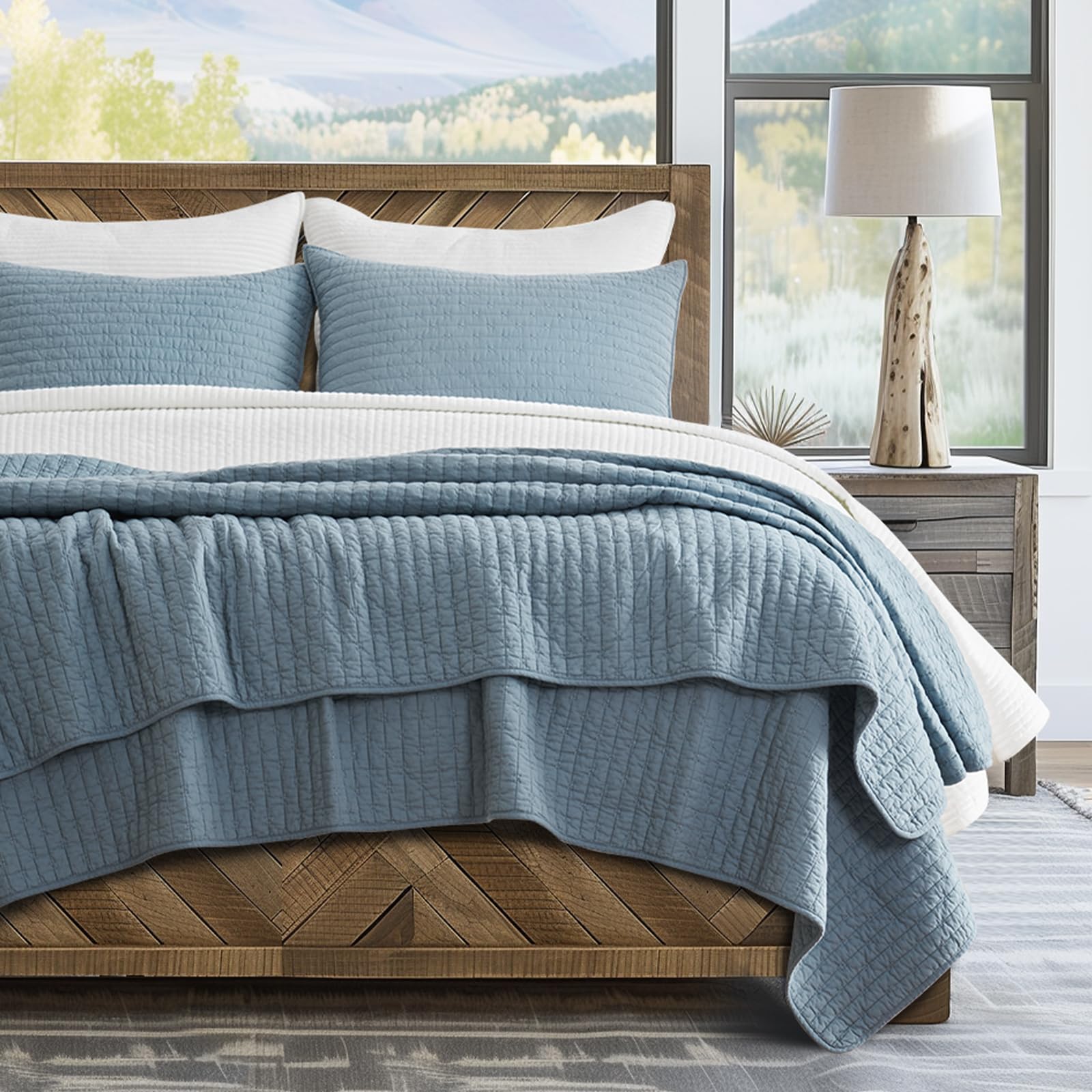 EverGrace front view of king quilt showing full dusty blue coverage and styling benefit