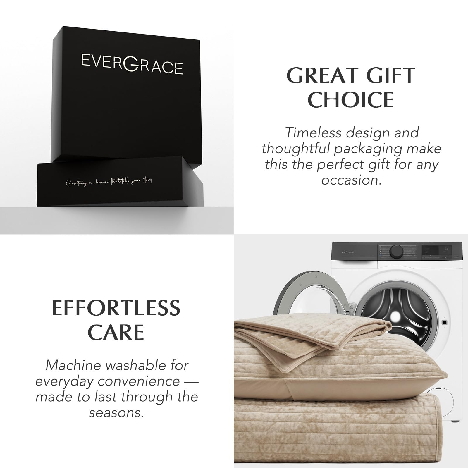 EverGrace folded quilt set in packaging showing neat presentation for gifting or storage