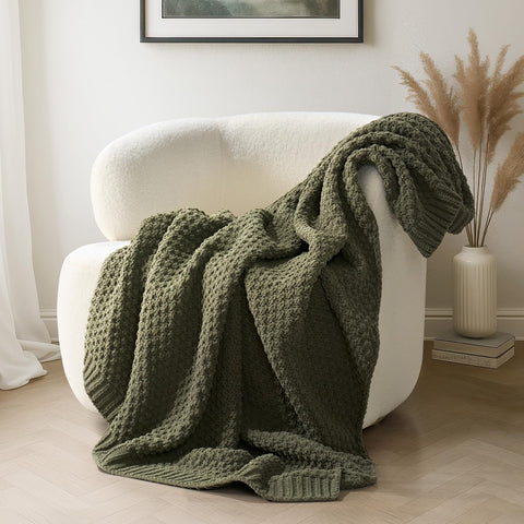 EverGrace front view of olive green throw showing size and drape benefits