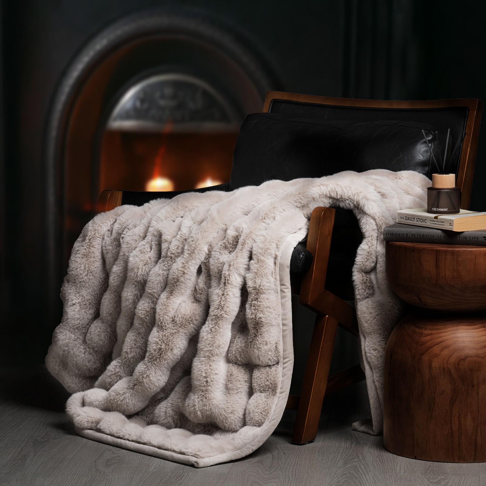 EverGrace front view of throw blanket packaging showing taupe color and gift-ready presentation