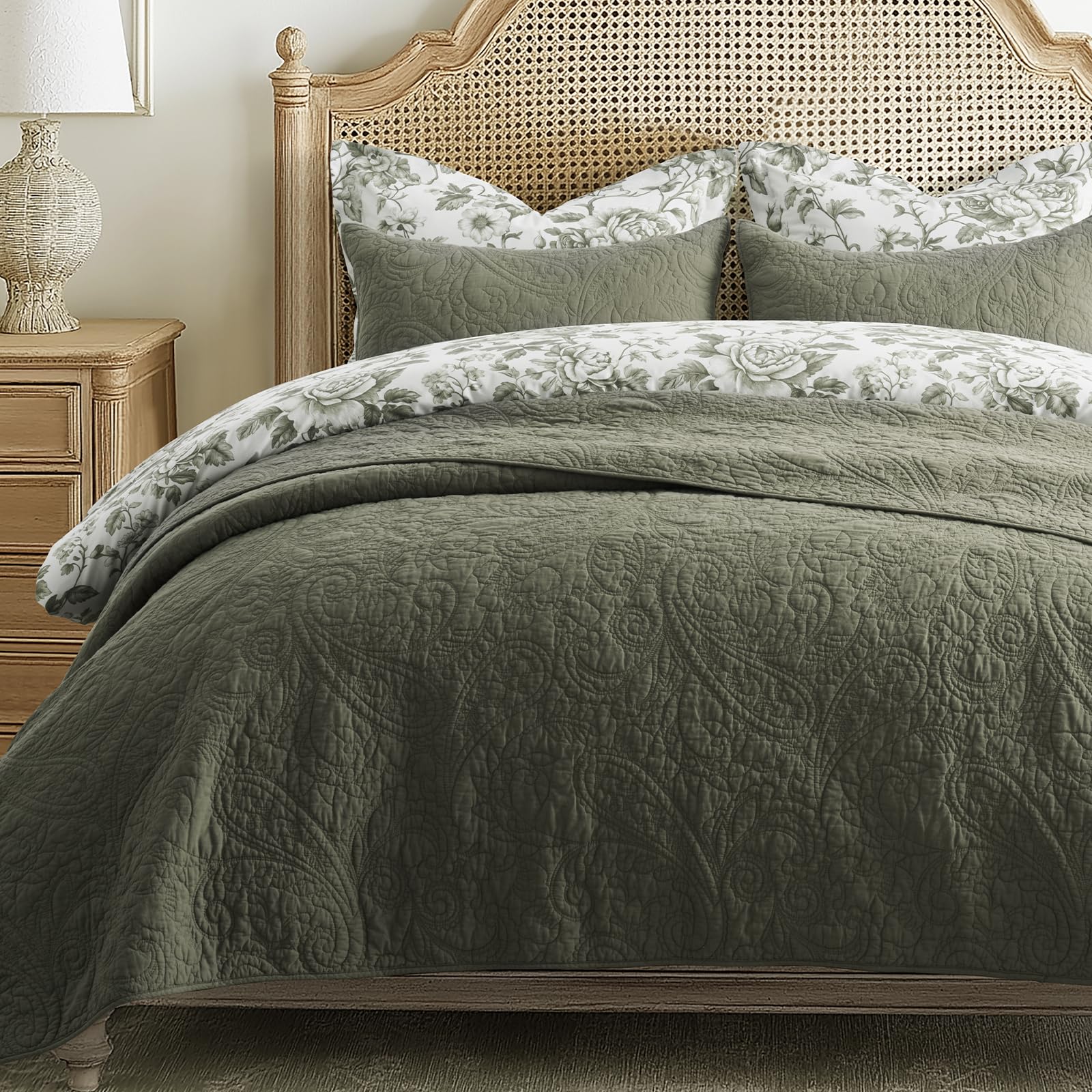 EverGrace paisley quilt front view showing olive green elegance and cozy appeal